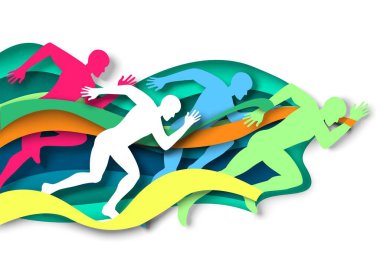 Maraton koşucusu, sprinter, kazanan siluetler, kağıt sanatında vektör çizimi. Maraton bitiş çizgisi. Şampiyon.