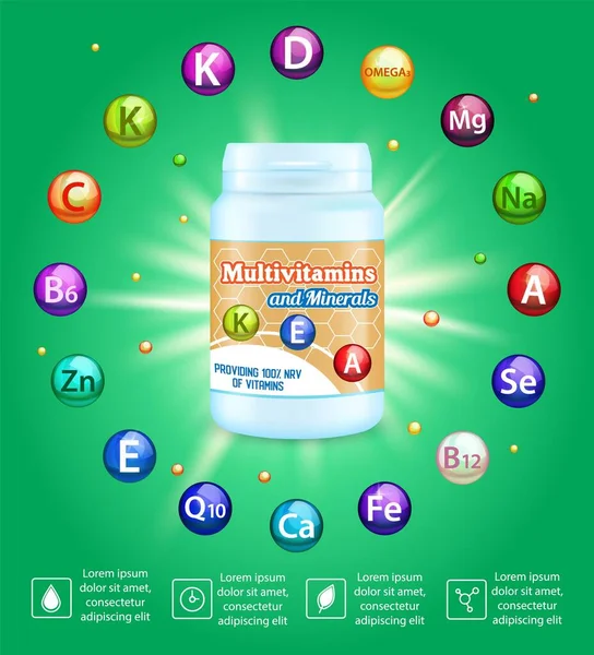 Modèle d'affiche vectorielle publicitaire complexe multivitaminique. suppléments vitaminiques et minéraux. Soins de santé, industrie pharmaceutique — Image vectorielle