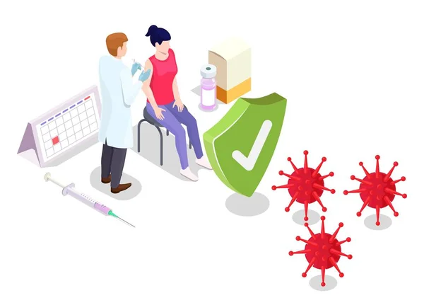 Covid coronavirus vakcináció koncepció vektor illusztráció izometrikus stílus. Covid-19 vakcina. Az orvos influenza elleni oltást ad be egy nőnek a kórházban. Az emberek immunitása és vírusvédelme — Stock Vector