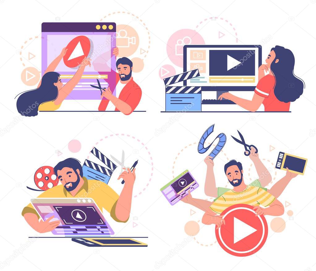 Diseñador de video gráfico de movimiento, conjunto de personajes animador,  ilustración vectorial plana. Personas que crean animación por computadora.  Vector de stock por ©SiberianArt 467574264, image size:1023x877