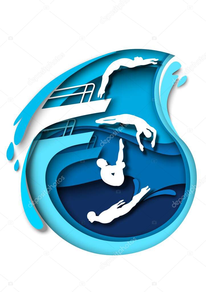 Springboard and platform diving. Paper cut swimmer, diver athlete silhouettes, vector illustration. Water sports.