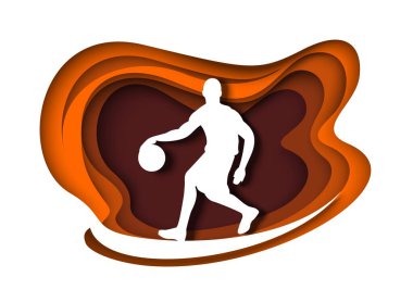 Top silueti olan basketbolcu, kağıt sanatında vektör çizimi. Profesyonel atlet. Basketbol topu.