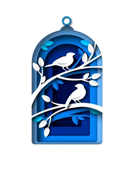 Vogelkäfig mit angebotenen Silhouetten im Inneren, Vektorillustration im Stil der Papierkunst. Plakatentwurf für Haustiere — Stockvektor