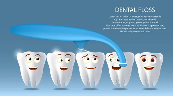 Cartaz do vetor do fio dental do cuidado oral, molde da bandeira. Dentes de desenhos animados felizes com palito de fio dental. Odontologia infantil, higiene. —  Vetores de Stock