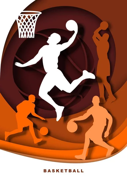 Basketball player with ball silhouettes, vector illustration in paper art style. Slam dunk shot, dribble, bounce, jump. — Stock Vector