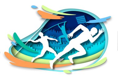 Spor müsabakaları. Atletizm siluetleri, kağıt sanatında vektör çizimleri. Parmak izleri. Sırıkla atlama. Mızrak at..
