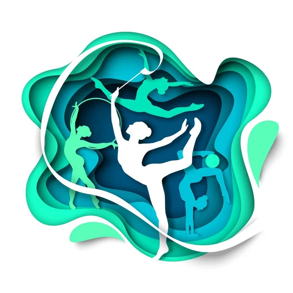 Meisje gymnast silhouetten dansen met bal, hoepel, lint, vector illustratie in papier kunst stijl. Ritmische gymnastiek. — Stockvector