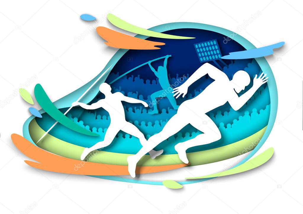 Athletics sport events. Athlete silhouettes, vector illustration in paper art style. Sprints. Pole vault. Javelin throw. Track and field, sport championship.
