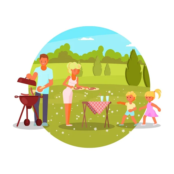 Bbq di famiglia, illustrazione vettoriale. Mamma papà bambini che cucinano, mangiano salsicce grigliate. Festa barbecue, attività ricreative estive. — Vettoriale Stock