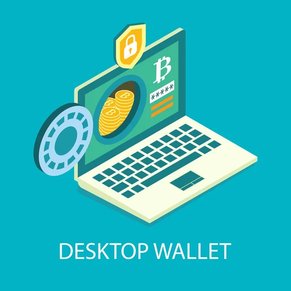 Desktop cryptocurrency wallet, vector isometric illustration. Digital money storage. Online bitcoin crypto coin wallet. — Stock Vector