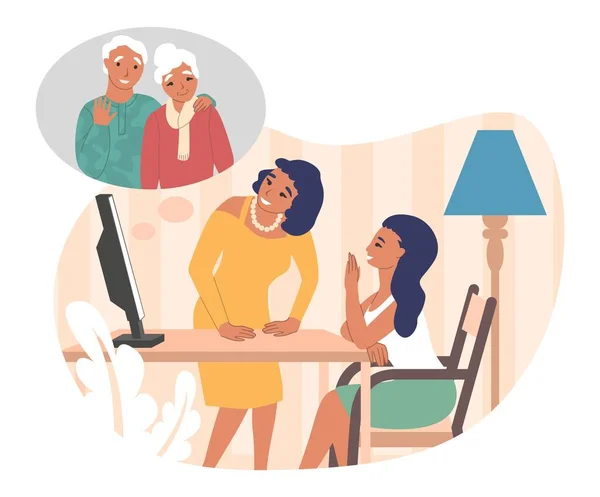 Οικογενειακή διαδικτυακή επικοινωνία με παππούδες, επίπεδη διανυσματική απεικόνιση. Βίντεο chat κλήσης, εικονική συνάντηση. — Διανυσματικό Αρχείο
