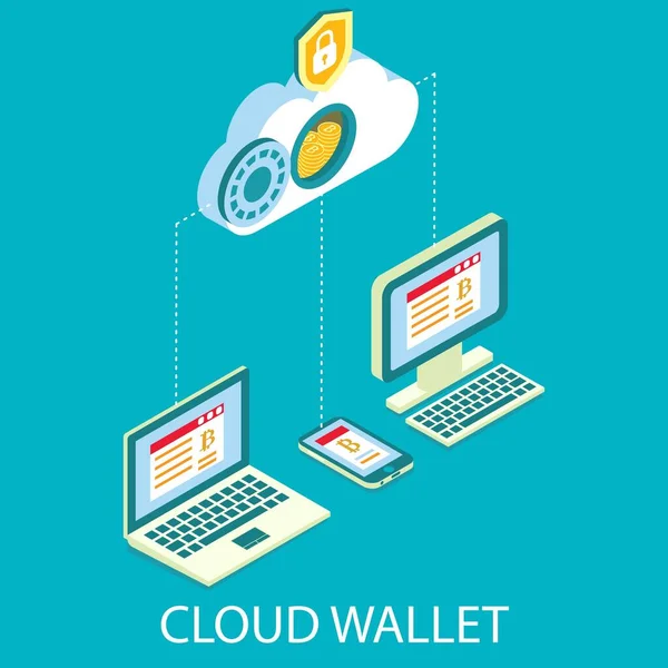 Portefeuille crypto-monnaie Cloud, illustration isométrique vectorielle. Stockage d'argent numérique. Bitcoin crypto coin portefeuille en ligne. — Image vectorielle