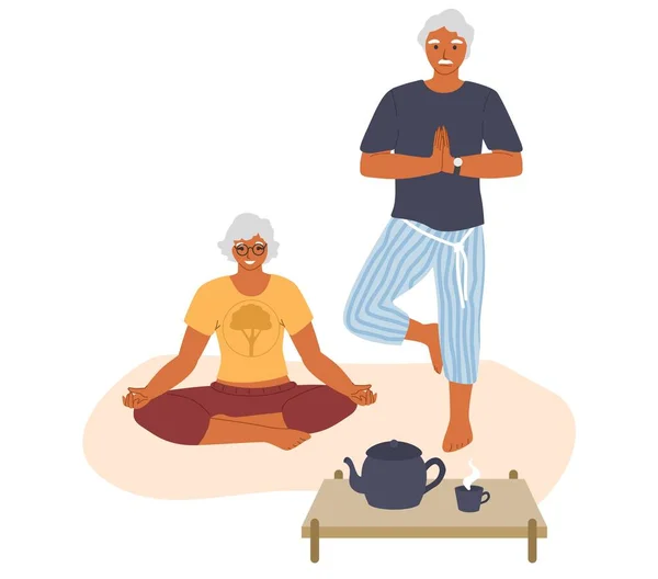 Coppia anziana che medita, fa yoga a casa, illustrazione vettoriale. Sport, fitness per anziani. Stile di vita sano attivo — Vettoriale Stock