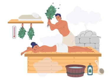 Buhar banyosunun, saunanın, düz vektör çiziminin tadını çıkaran mutlu çift. Spa merkezi, buhar odası, hamam terapisi..