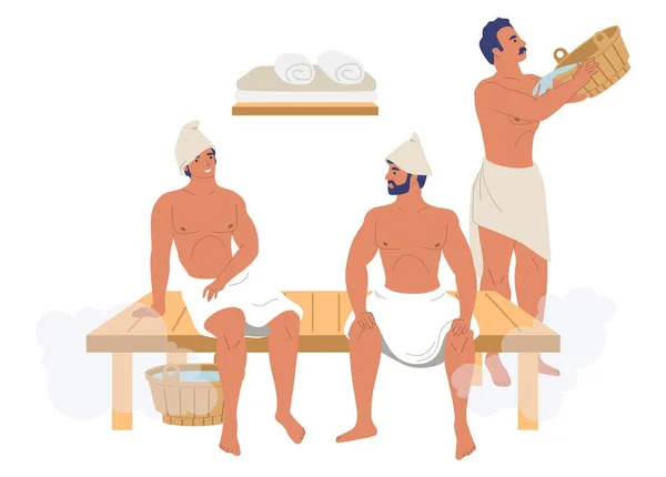 Personajes masculinos, amigos disfrutando de baño de vapor, sauna, ilustración vectorial plana. Balneario, sala de vapor, terapia de casa de baños — Archivo Imágenes Vectoriales