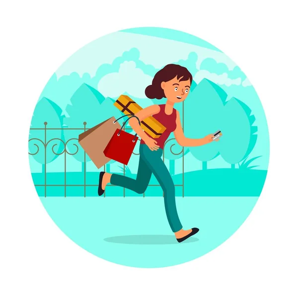 Mujer corriendo por la calle con bolsas de compras y tarjeta de crédito, ilustración vectorial plana. Adicción a las compras online. — Vector de stock