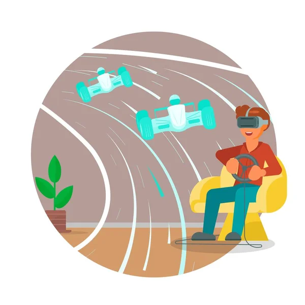 Mladý muž hráč ve VR brýle řízení závodní auto, vektorové ilustrace. Virtuální realita, simulace. — Stockový vektor