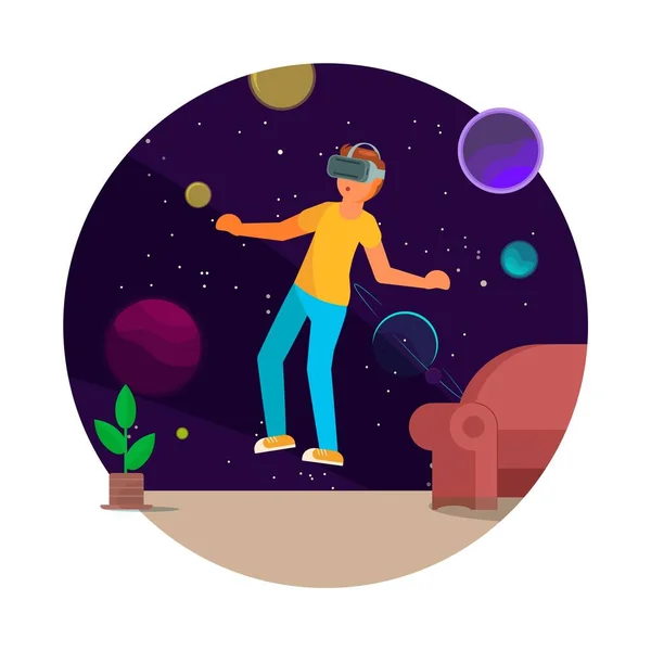 Young man in VR glasses flying in outer space, vector illustration. Virtual reality game, simulation, science, education — Stock Vector