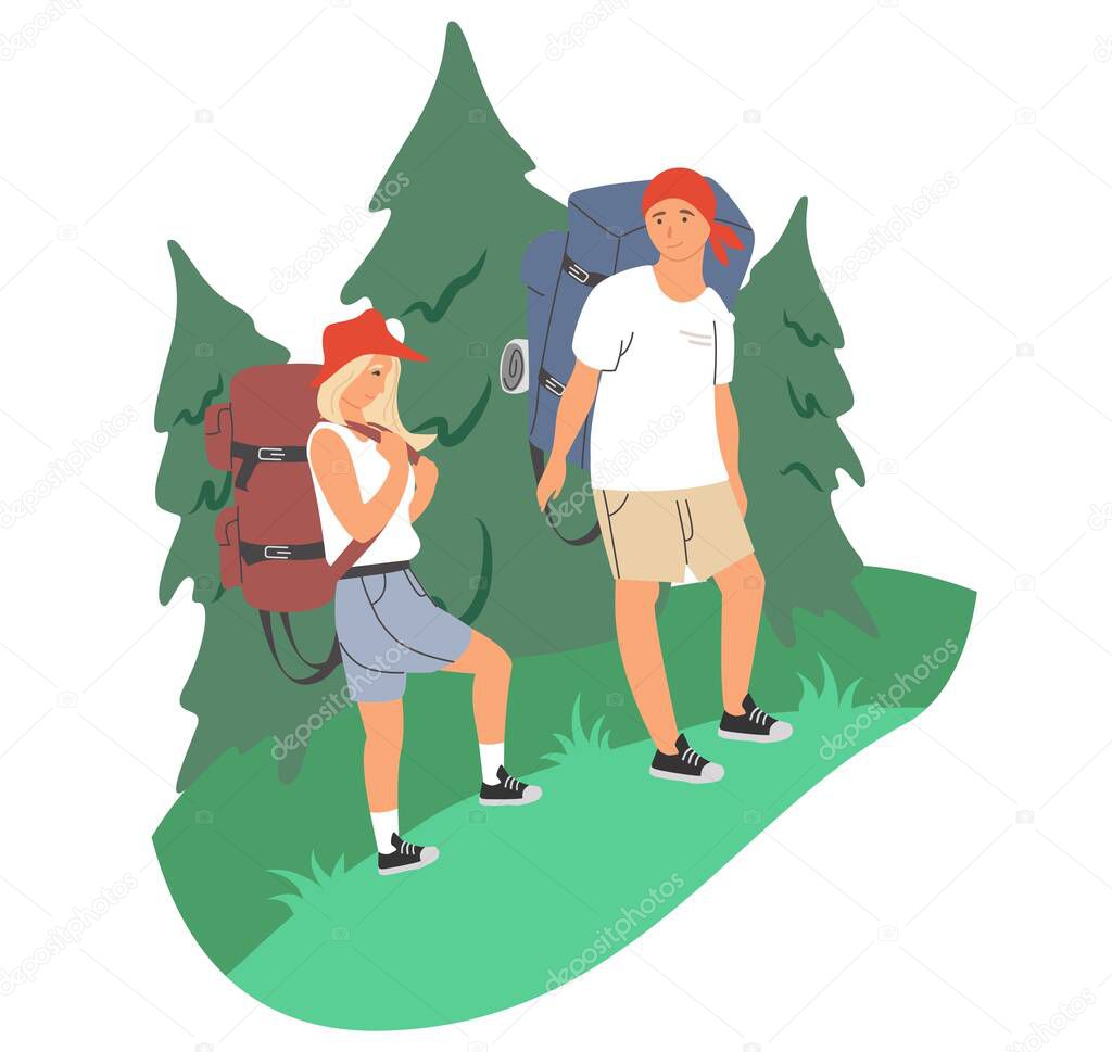 Happy couple with backpacks in forest, vector illustration. Hiking, camping, trekking. Summer outdoor activity. Travel.