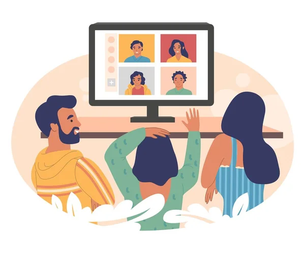 Familieleden die online communiceren via groepsvideogesprekschat, vectorillustratie. Virtuele familiebijeenkomst. Videoconferentie. — Stockvector