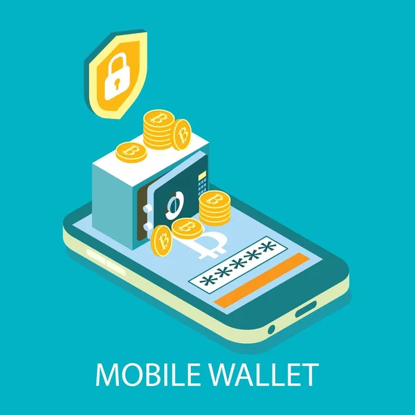 Mobil kryptovaluta plånbok, vektor isometrisk illustration. Lagring av digitala pengar. Online bitcoin krypto mynt plånbok. — Stock vektor