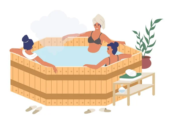 Mujeres felices disfrutando de barril, bañera de hidromasaje japonesa, ilustración vectorial plana. Balneario, sauna, terapia de casa de baños. — Vector de stock