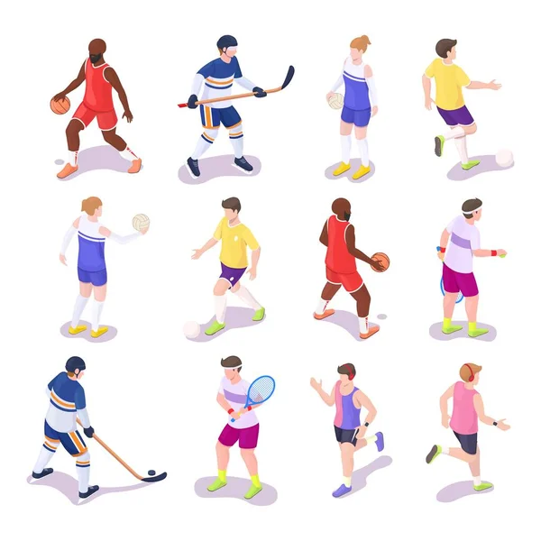 体育界人士集合,矢量图解.等距篮球、排球、曲棍球、网球运动员、运动员赛跑 — 图库矢量图片