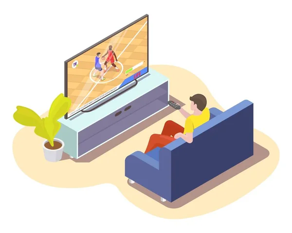 Mężczyzna ogląda mecz koszykówki tłumaczenie na TV siedzi na kanapie w domu, płaski wektor izometryczne ilustracji. — Wektor stockowy