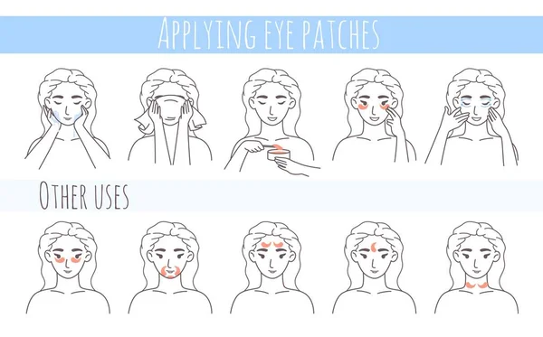 ハイドロゲル眼パッチ、コラーゲン眼マスクアプリケーションの手順、ベクトル図。顔のスキンケアルーチン、美容手順 — ストックベクタ
