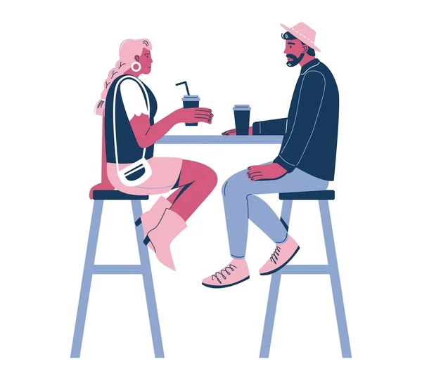 Ευτυχισμένο ρομαντικό ζευγάρι κάθεται στο τραπέζι, απολαμβάνοντας καφέ για να πάει, επίπεδη διανυσματική απεικόνιση. Διάλειμμα για καφέ. Σχέση. — Διανυσματικό Αρχείο