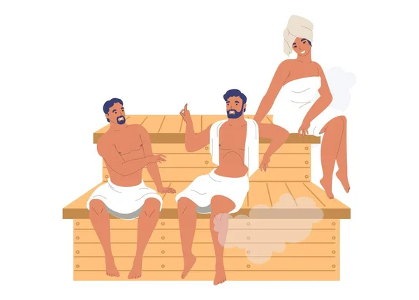 Gente feliz amigos relajarse disfrutando de baño de vapor, sauna, ilustración vectorial. Balneario, sala de vapor, terapia de casa de baños — Archivo Imágenes Vectoriales