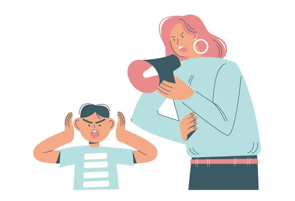 Mãe irritada gritando através de megafone repreendendo seu filho, ilustração vetorial plana. Conflito entre mãe e filho. —  Vetores de Stock