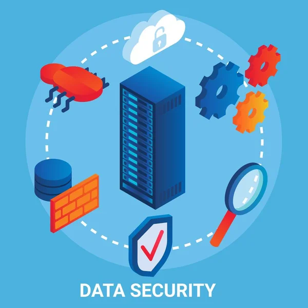 Diagrama de flujo de seguridad de datos, ilustración vectorial. Estante de servidor isométrico, nube, escudo, error informático, engranajes. Protección de datos — Vector de stock