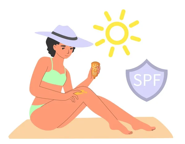 Mulher aplicando protetor solar, ilustração vetorial plana. Protector solar, creme de protecção solar. Praia de verão cuidados com a pele rotina. — Vetor de Stock