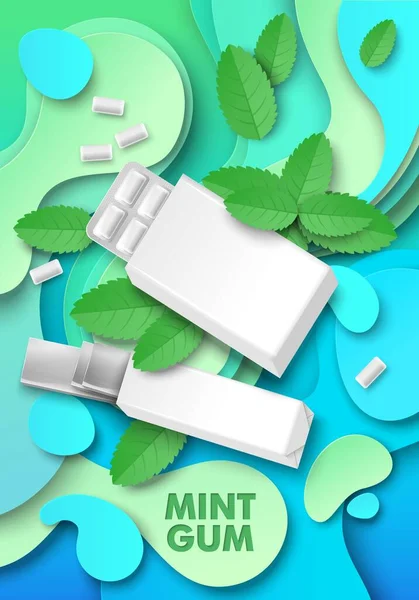 Mint chewing gum ads template, vector illustration. Pad and slab bubble gum package mockup, paper cut green mint leaves. — Stock Vector