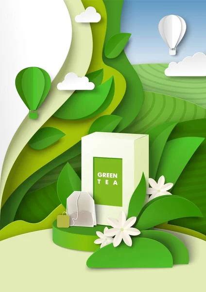 Modelo de anúncios de chá verde, ilustração vetorial. Caixa de embalagem de chá de ervas maquete de teca, folhas verdes de corte de papel, plantações —  Vetores de Stock