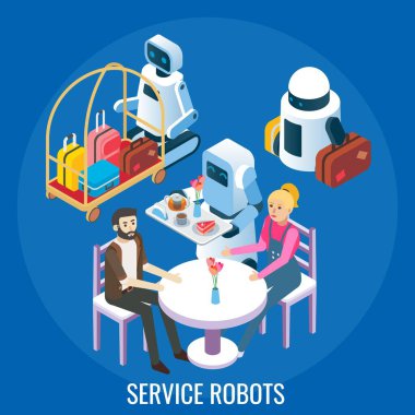 Otel, restoran robotları bagaj taşıyor, kafelerde insanlara servis yapıyor, vektör izometrik illüstrasyon.