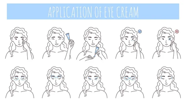 Eye cream application steps, vector illustration. Anti aging, dark circles, face skin care routine, beauty procedure. — Stock Vector