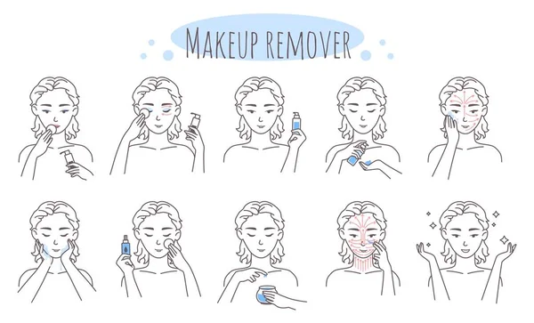Passos de remoção de maquiagem, ilustração vetorial. Removendo olho, lábio, rosto compõem o procedimento. Rotinas de cuidados com a pele facial, higiene. —  Vetores de Stock