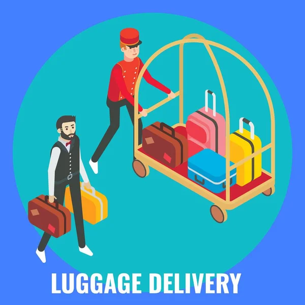 Hotellportier hjälpa gäst hane med sitt bagage, platt vektor isometrisk illustration. Leverans av resgods, hotelltjänster. — Stock vektor