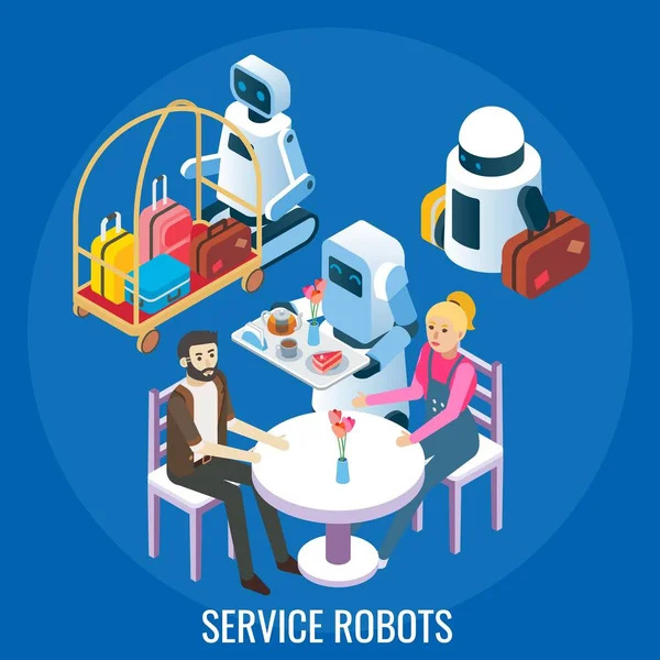 Hotel, robot di servizio del ristorante che trasportano i bagagli, servendo la gente in caffè, illustrazione isometrica vettoriale. — Vettoriale Stock