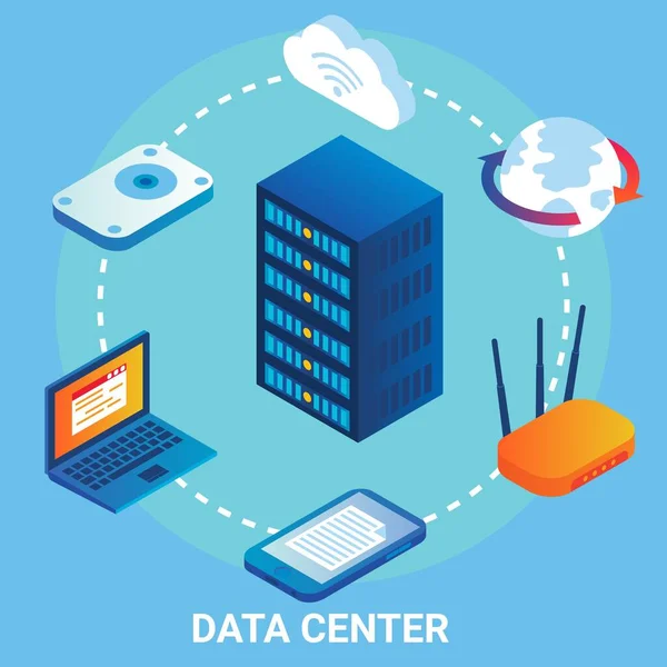 データセンターフローチャートベクトル図。アイソメトリックラップトップ、モバイル、サーバーラック、無線LAN 。クラウドストレージ、データ転送. — ストックベクタ