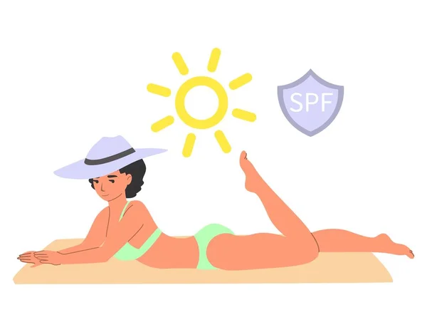 Γυναίκα ηλιοθεραπεία με ασφάλεια χρησιμοποιώντας αντηλιακό, επίπεδη διανυσματική απεικόνιση. Αντηλιακή κρέμα προστασίας. Καλοκαίρι παραλία φροντίδα του δέρματος — Διανυσματικό Αρχείο