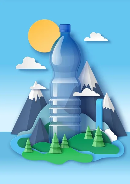 Puste wody butelka plastikowa, papier ścięte góry, drzewa leśne, ilustracja wektor. Wzór reklam czystej wody. — Wektor stockowy