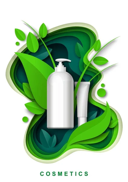 Embalagem cosmética garrafa mockup, papel cortado verde floral fundo vetor ilustração. Modelo de anúncios de produtos de cuidados com a pele. — Vetor de Stock