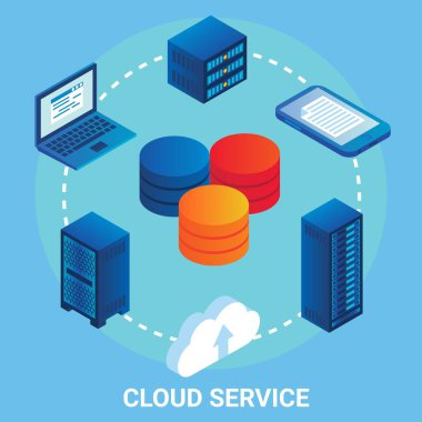 Bulut servis akış şeması, vektör illüstrasyonu. Isometric dizüstü bilgisayar, cep telefonu, bulut hesaplama sunucu rafları.