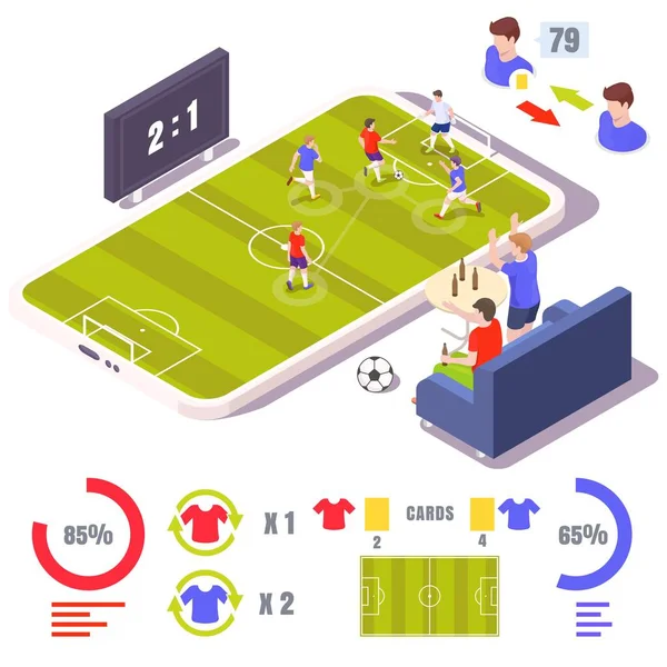 Online fotboll spel, vektor isometrisk illustration. Smartphone, fläktar tittar på fotbollsmatch sitter på soffan. — Stock vektor