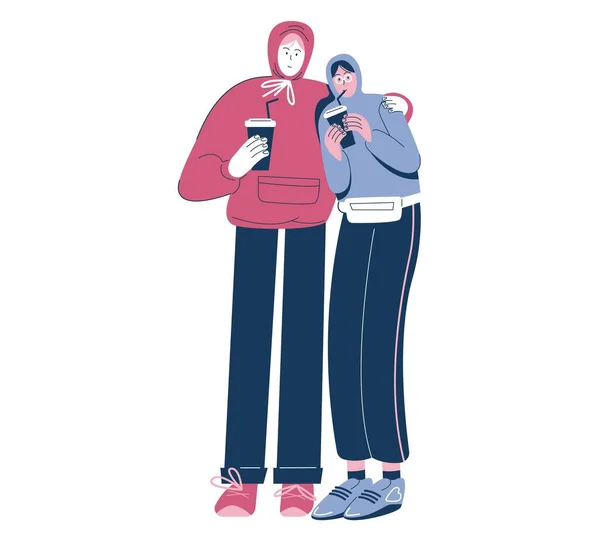 Couple heureux de boire du café chaud à emporter, marcher dans la rue, illustration vectorielle. Pause café. L'amour. Relation. — Image vectorielle