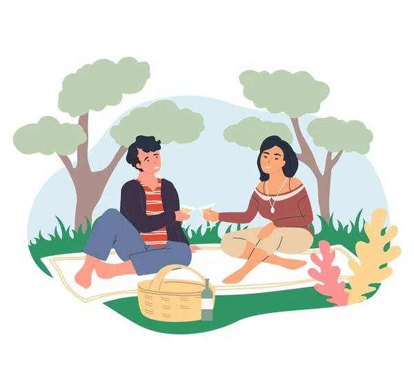 Pareja romántica de picnic. Gente feliz sentada sobre una manta bebiendo vino, ilustración vectorial. Verano ocio al aire libre. — Archivo Imágenes Vectoriales