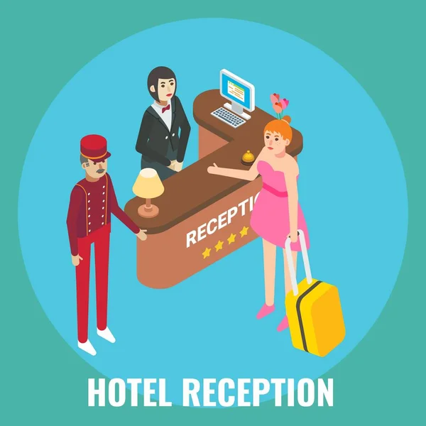 Recepcjonistka hotelowa melduje się w gościnnej kobiecie, ilustracja izometryczna wektora. Usługi rejestracji recepcji hotelowej. — Wektor stockowy